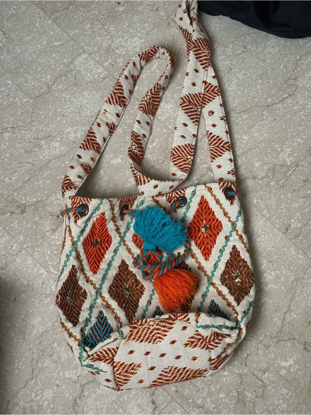 Boho Diamond Embroidered Crossbody Bag - White with Orange & Teal Accents